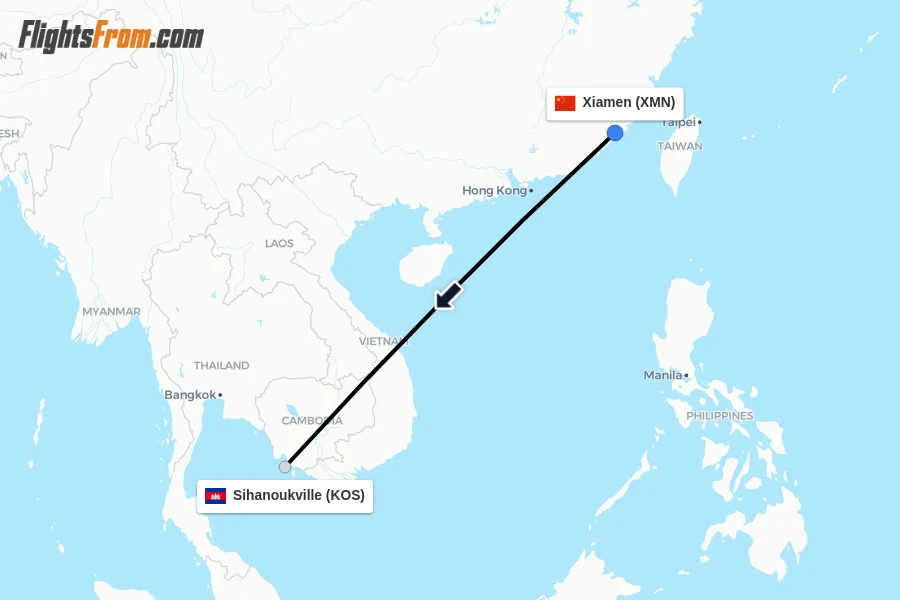 Flights from Xiamen to Sihanoukville route map