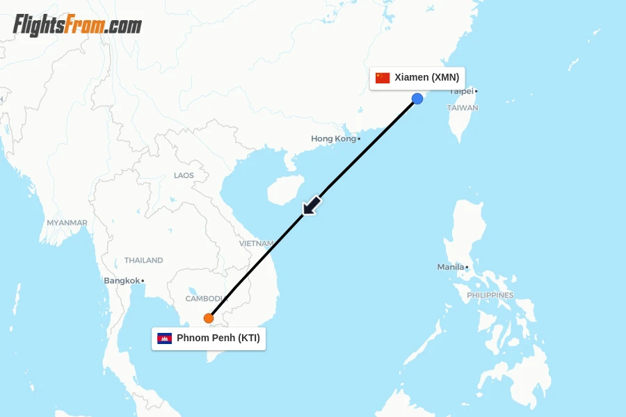 Flights from Xiamen to Phnom Penh route map