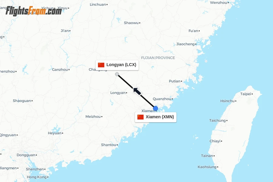 Flights from Xiamen to Longyan route map