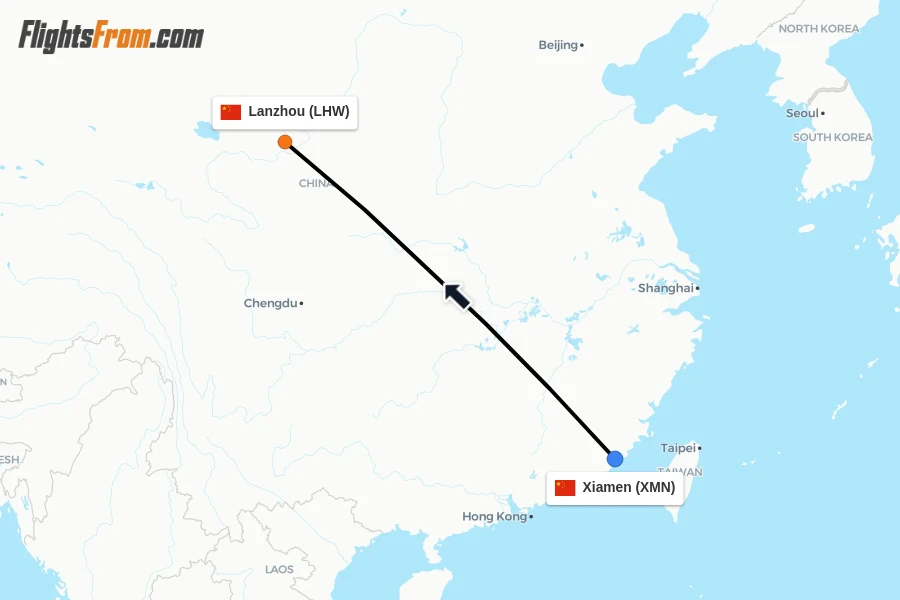 Flights from Xiamen to Lanzhou route map