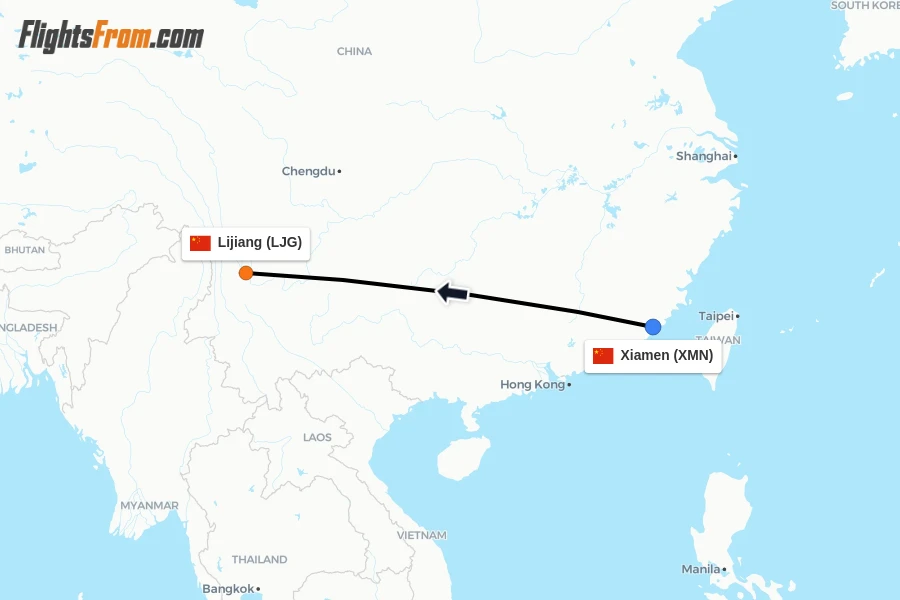 Flights from Xiamen to Lijiang route map