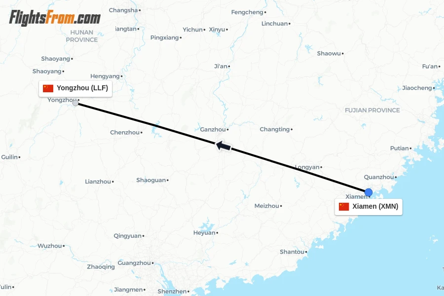 Flights from Xiamen to Yongzhou route map