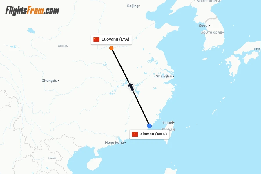 Flights from Xiamen to Luoyang route map