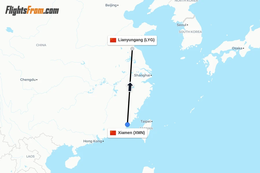 Flights from Xiamen to Lianyungang route map