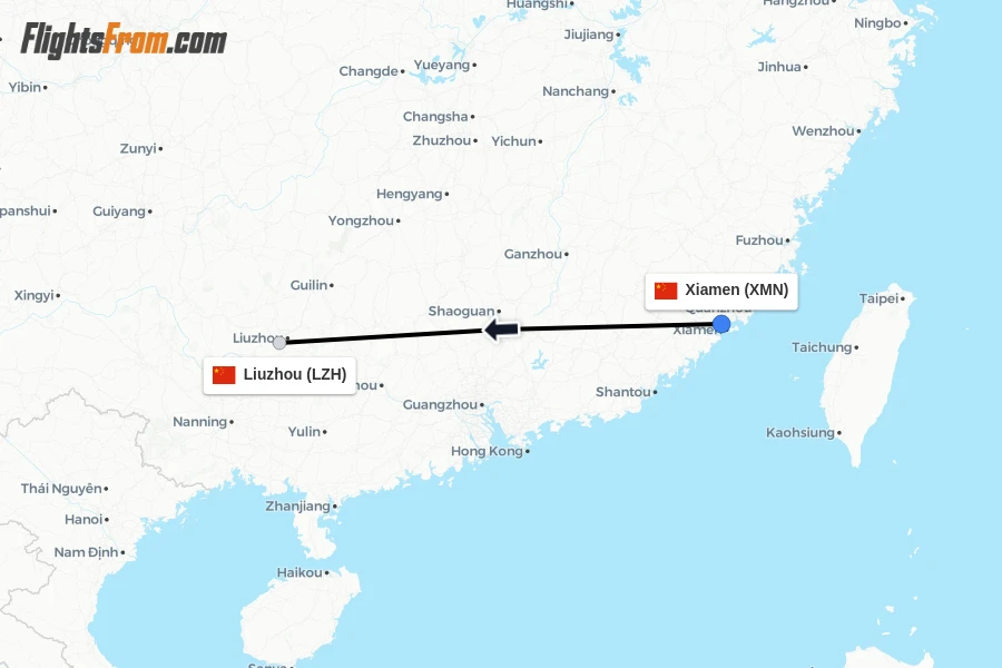 Flights from Xiamen to Liuzhou route map