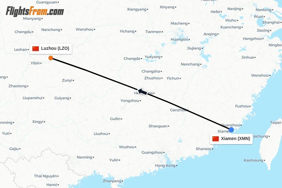 Flights from Xiamen to Luzhou route map