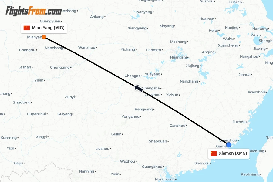 Flights from Xiamen to Mian Yang route map