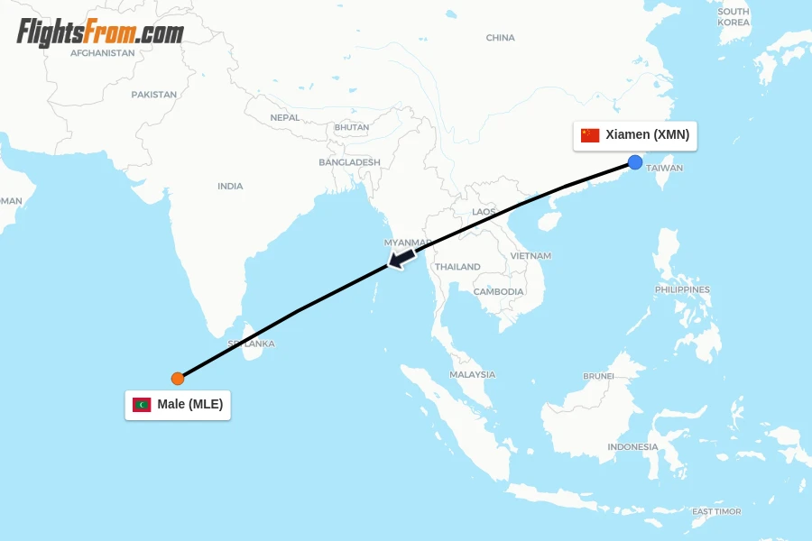 Flights from Xiamen to Male route map