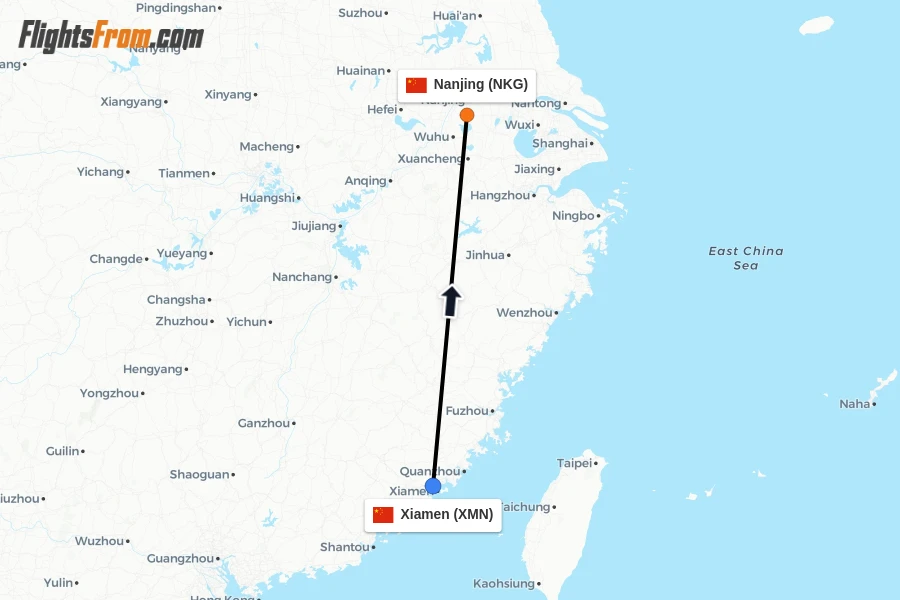 Flights from Xiamen to Nanjing route map