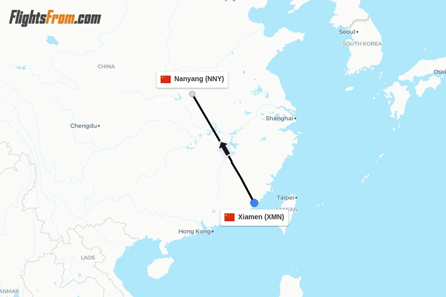 Flights from Xiamen to Nanyang route map