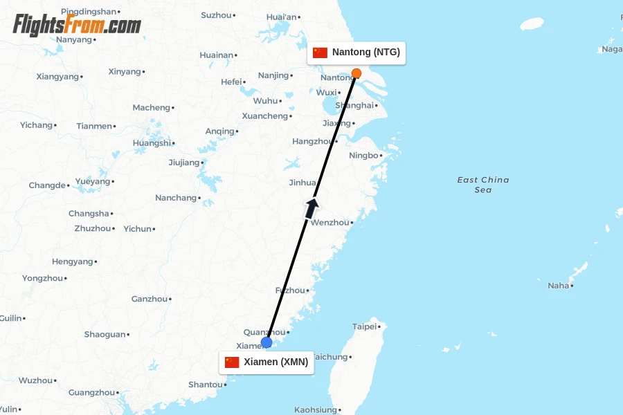 Flights from Xiamen to Nantong route map