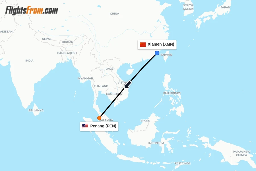 Flights from Xiamen to Penang route map