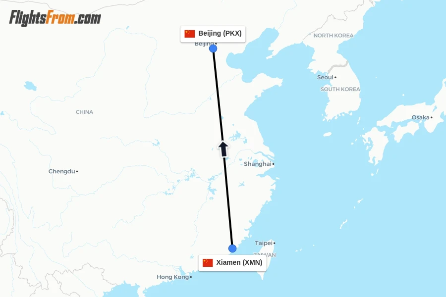 Flights from Xiamen to Beijing route map
