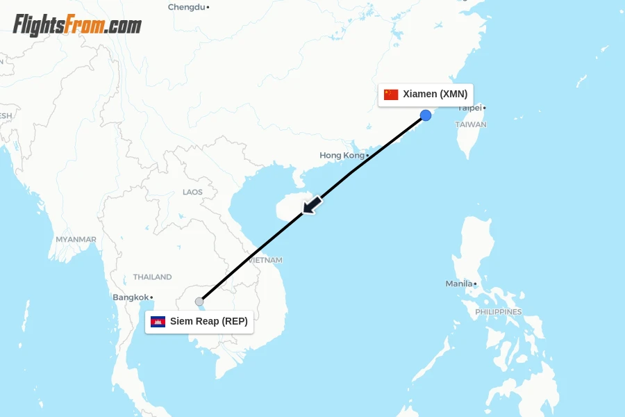 Flights from Xiamen to Siem Reap route map