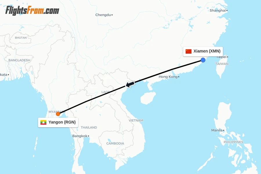 Flights from Xiamen to Yangon route map