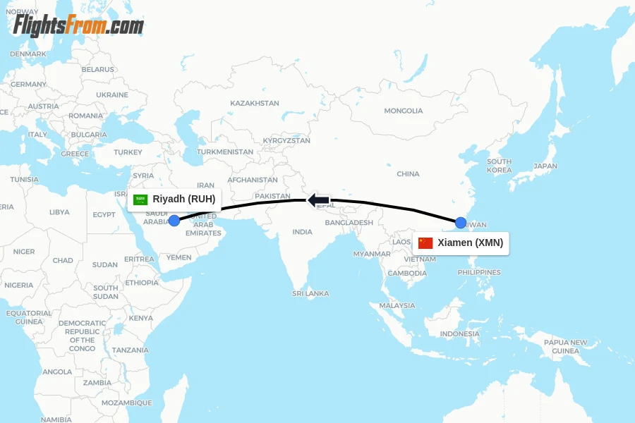 Flights from Xiamen to Riyadh route map