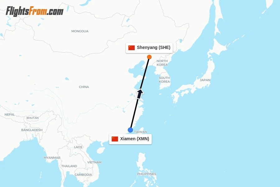 Flights from Xiamen to Shenyang route map
