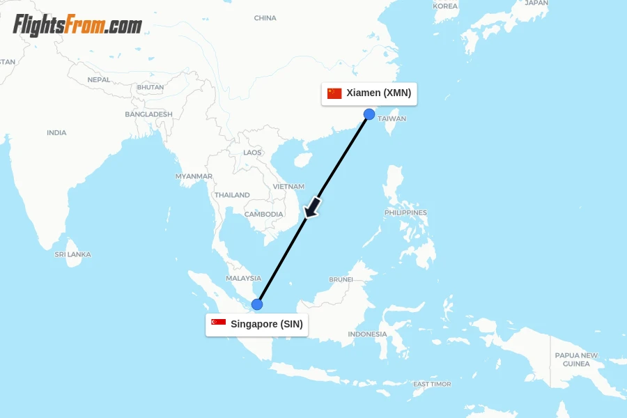 Flights from Xiamen to Singapore route map