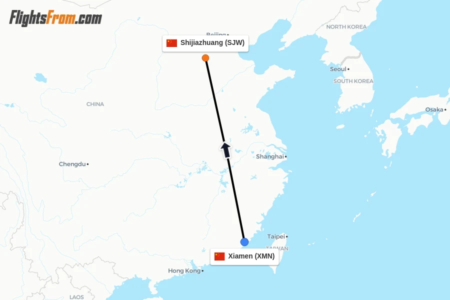 Flights from Xiamen to Shijiazhuang route map