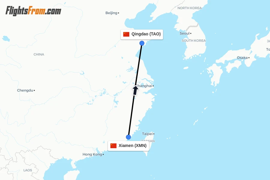 Flights from Xiamen to Qingdao route map