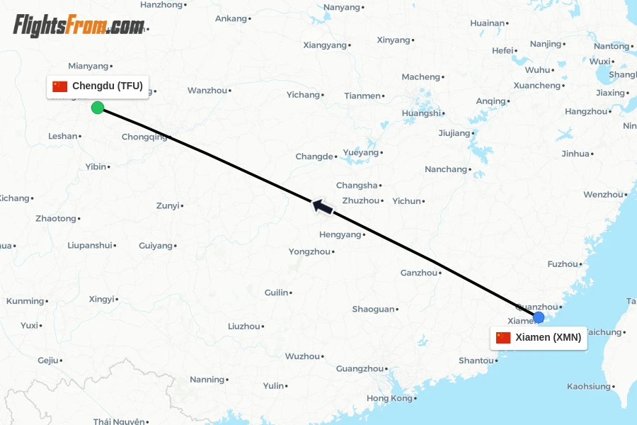 Flights from Xiamen to Chengdu route map