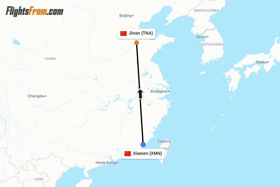Flights from Xiamen to Jinan route map