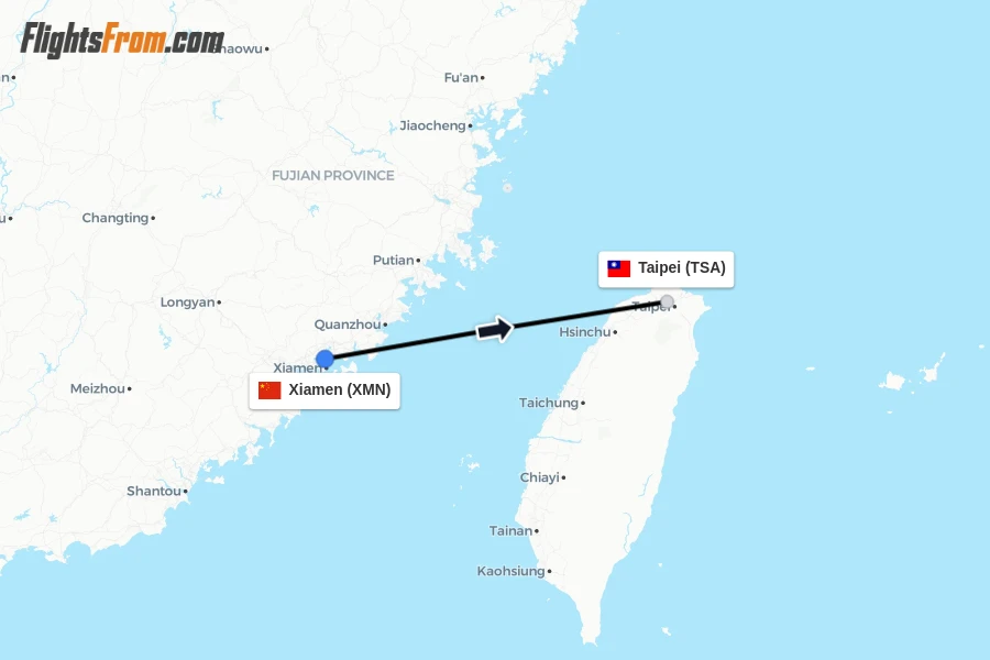 Flights from Xiamen to Taipei route map
