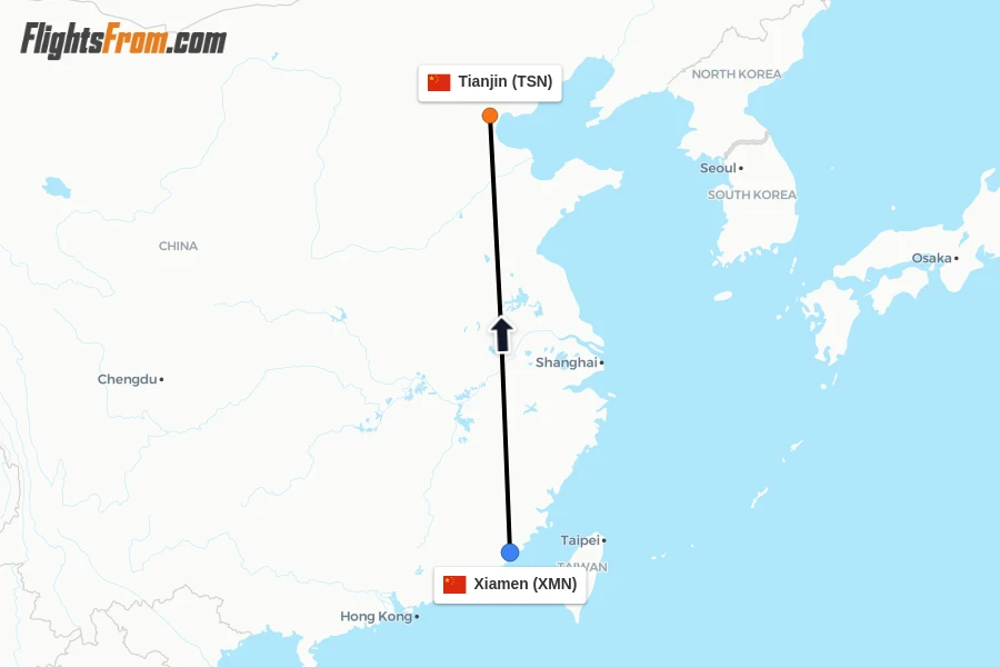Flights from Xiamen to Tianjin route map