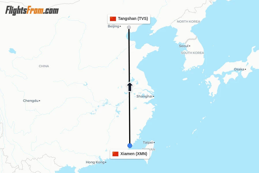 Flights from Xiamen to Tangshan route map