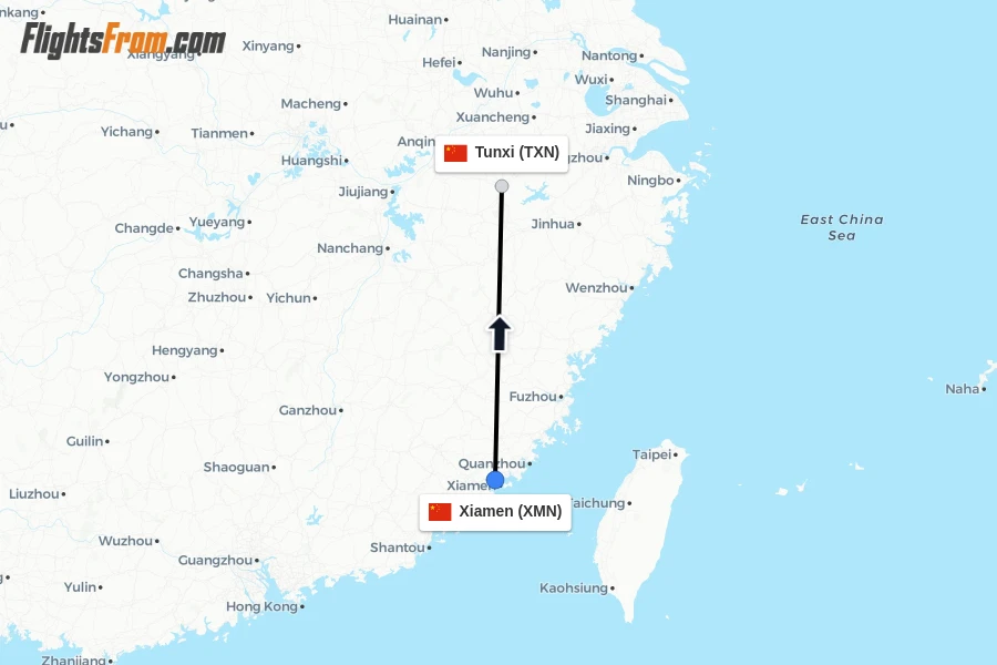 Flights from Xiamen to Tunxi route map