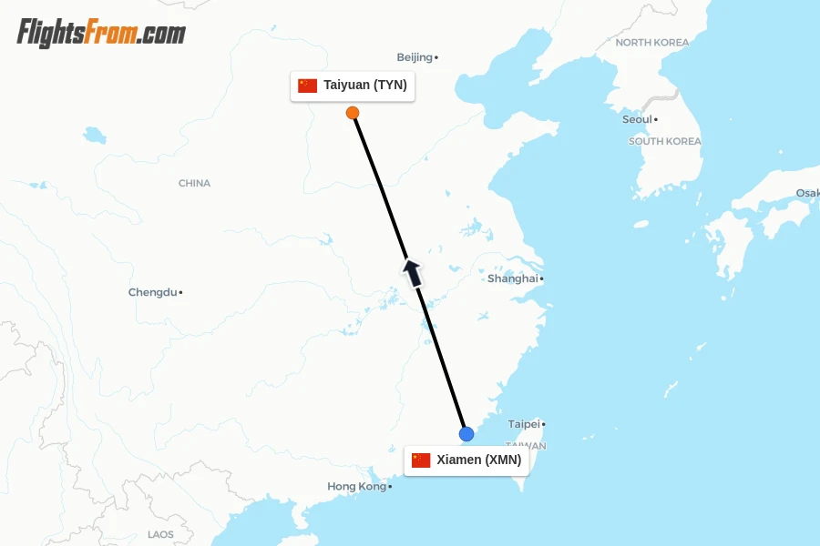 Flights from Xiamen to Taiyuan route map