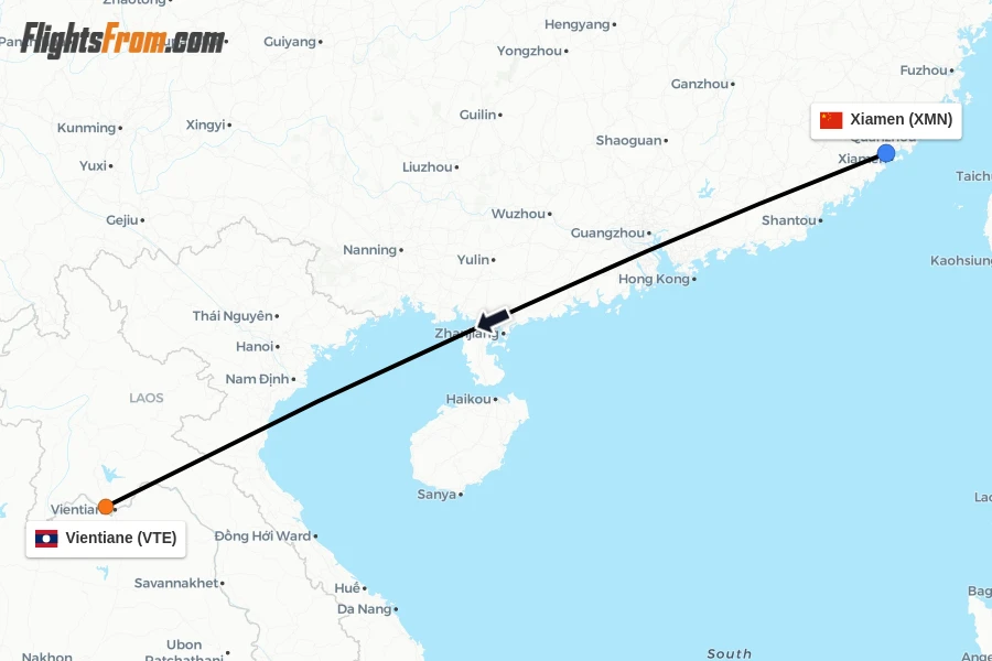 Flights from Xiamen to Vientiane route map