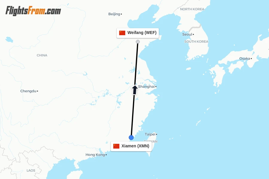 Flights from Xiamen to Weifang route map