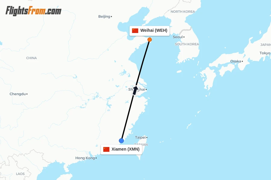 Flights from Xiamen to Weihai route map