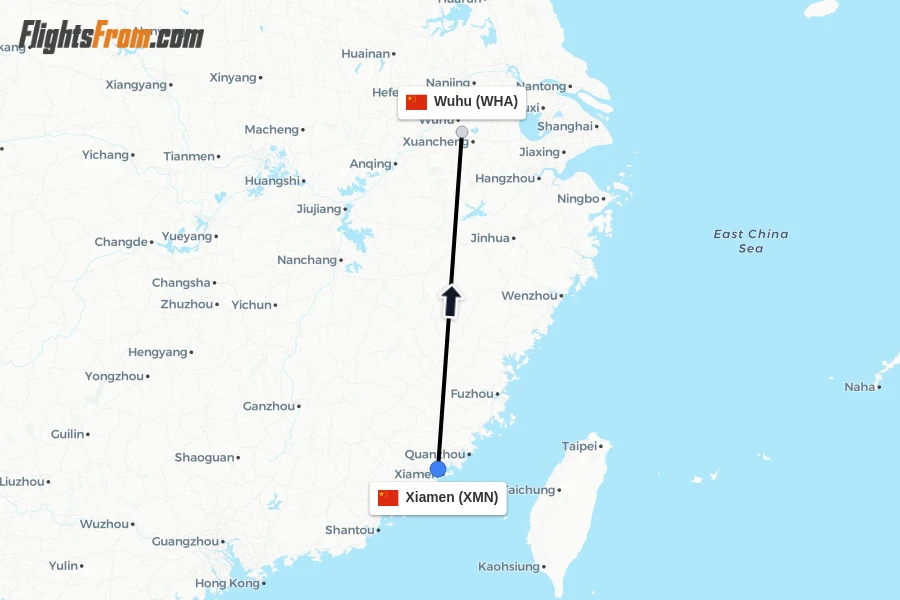 Flights from Xiamen to Wuhu route map