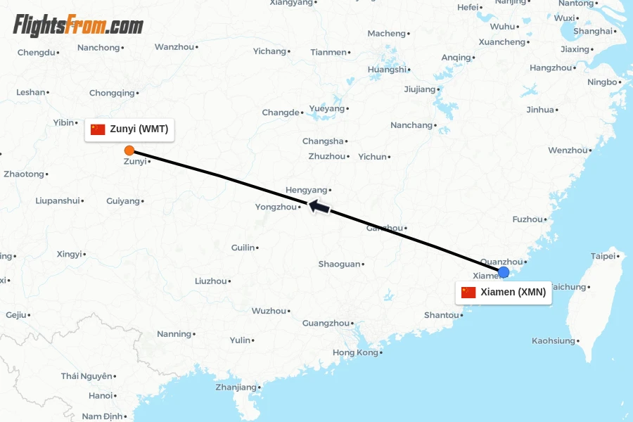 Flights from Xiamen to Zunyi route map