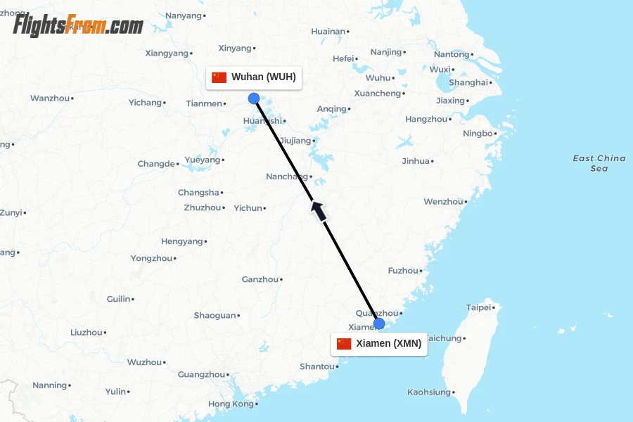 Flights from Xiamen to Wuhan route map