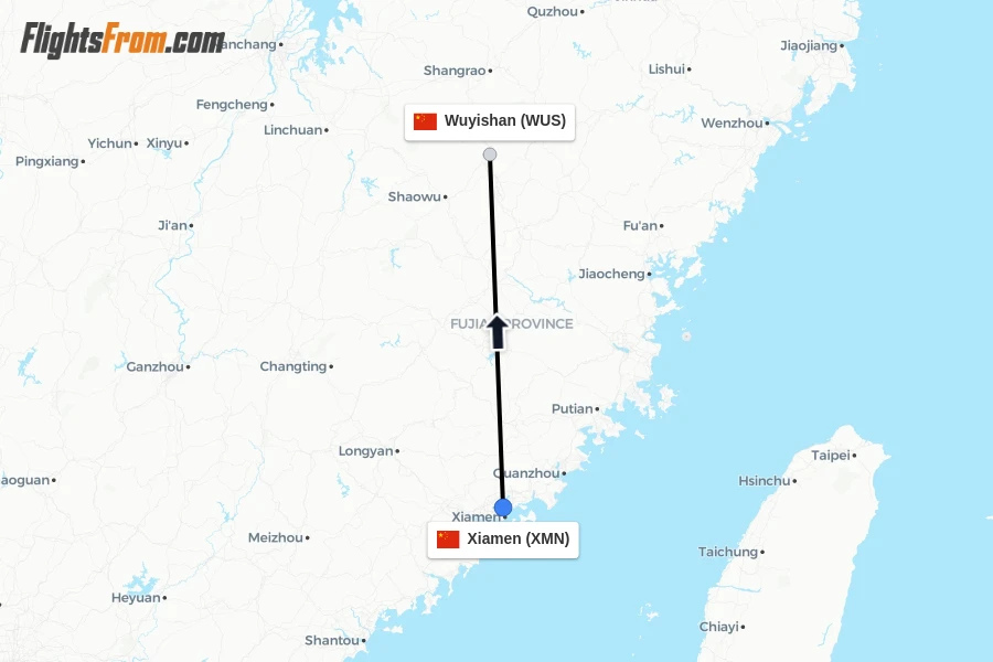 Flights from Xiamen to Wuyishan route map