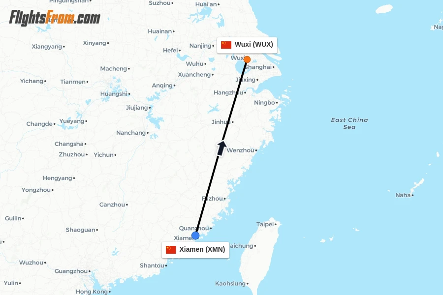 Flights from Xiamen to Wuxi route map