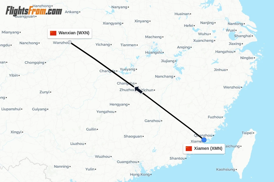 Flights from Xiamen to Wanxian route map