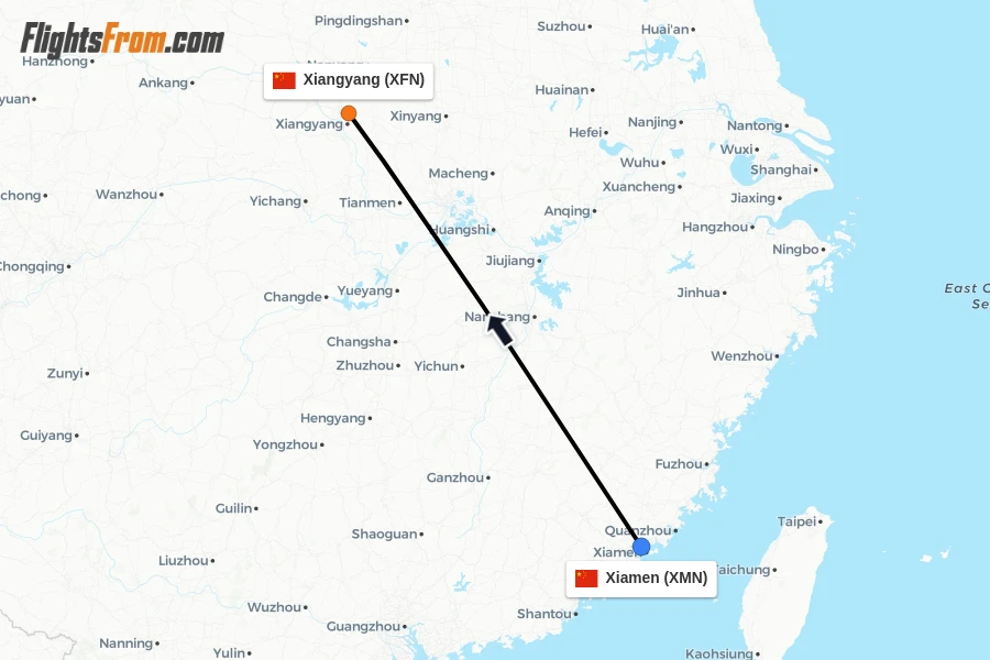 Flights from Xiamen to Xiangyang route map