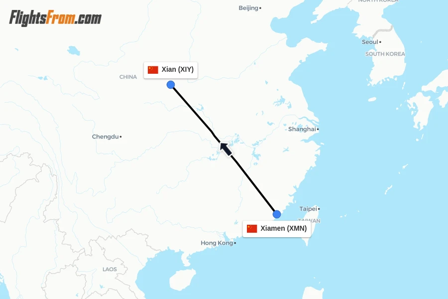 Flights from Xiamen to Xian route map