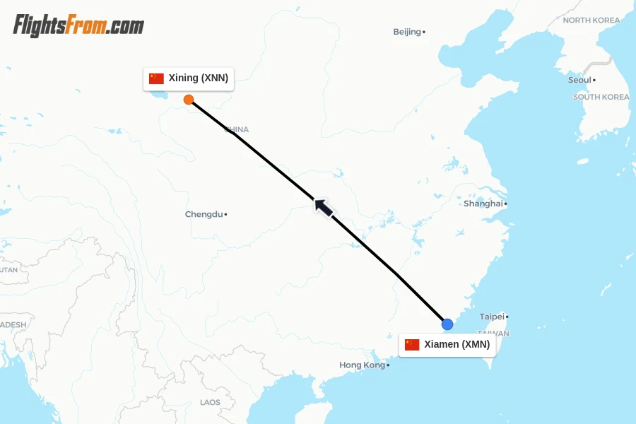 Flights from Xiamen to Xining route map