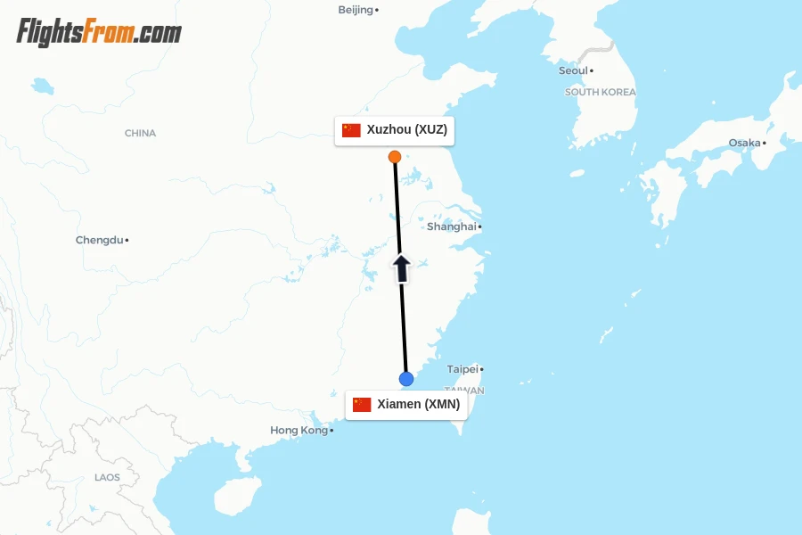 Flights from Xiamen to Xuzhou route map