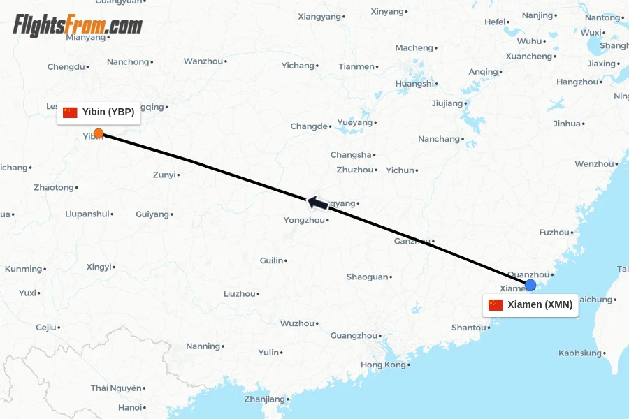 Flights from Xiamen to Yibin route map