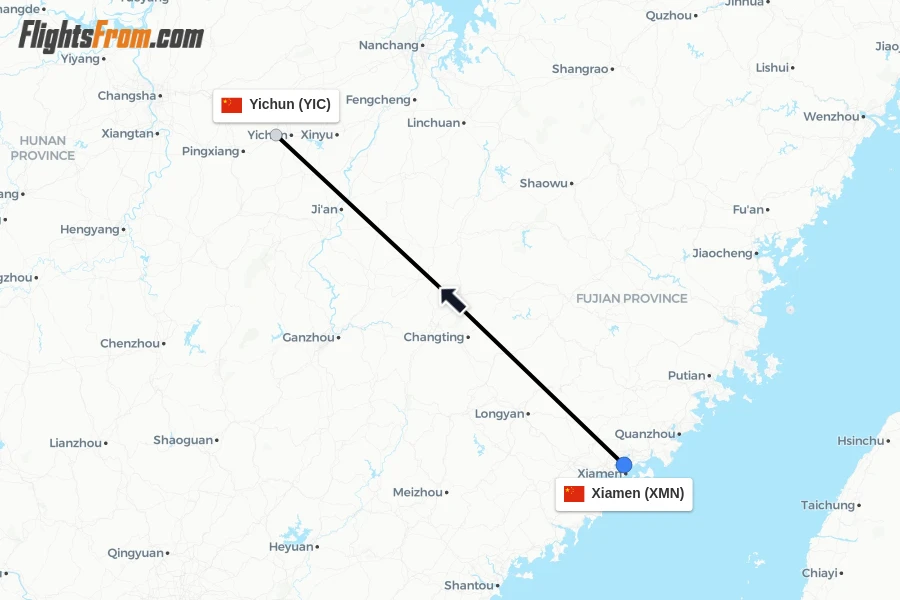 Flights from Xiamen to Yichun route map