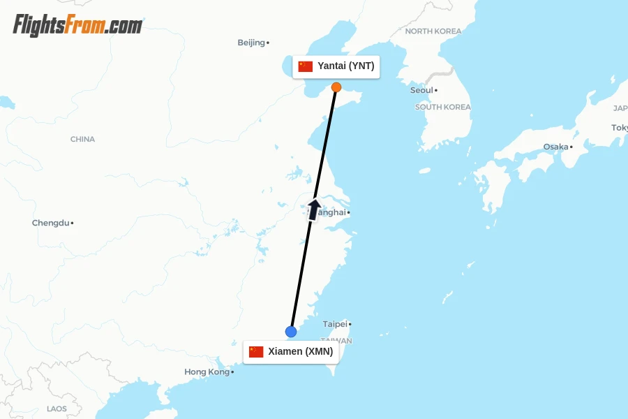 Flights from Xiamen to Yantai route map