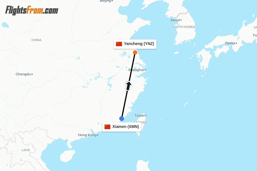 Flights from Xiamen to Yancheng route map