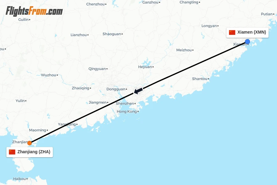 Flights from Xiamen to Zhanjiang route map