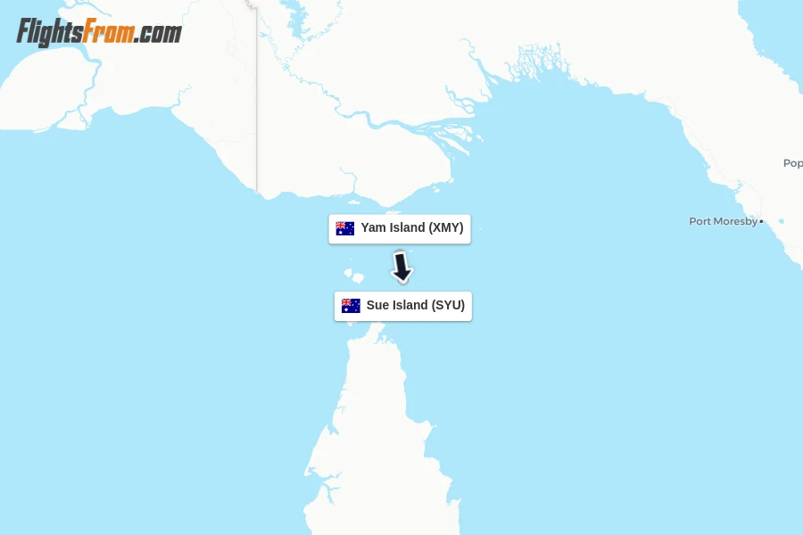 Flights from Yam Island to Sue Island route map